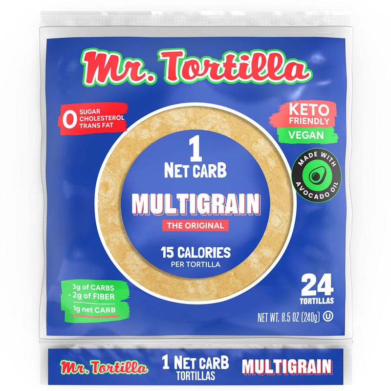 Mr. Tortilla Low Carb Keto Soft Taco Shells, Vegan Healthy Snacks &amp; Bread Alternative, 1 Net Carb 15 Calories Delicious Small Batch Kosher Wraps - (Multigrain, 24 Count)