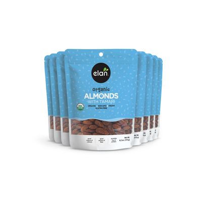 Elan Organic Almonds with Tamari (Soy Sauce), Salty Snacks, Non-GMO, Gluten-Free, Vegan, Kosher, Savory Snacks, Seasoned Nuts, High in Fiber, 8 pack of 6.2 oz