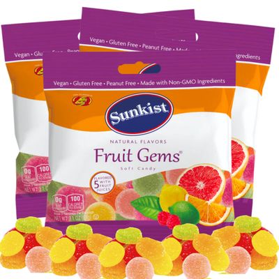 Sunkist Fruit Gems, Fruity Pectin Flavored Chewy Candies, Orange, Lemon, Pink Grapefruit, Raspberry and Lime, Shareable Candy Bags, 3.1 ounce, Pack of 3