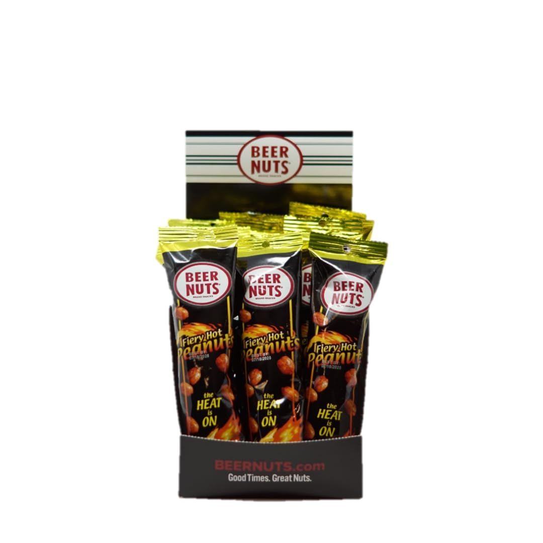 BEER NUTS Individual Tube Bags Display, Sweet &amp; Salty Bar Nuts - Gluten Free, Kosher, Low Sodium Peanut Snacks Made In The USA (12 Pack) (12 Count, Fiery Hot Peanuts)