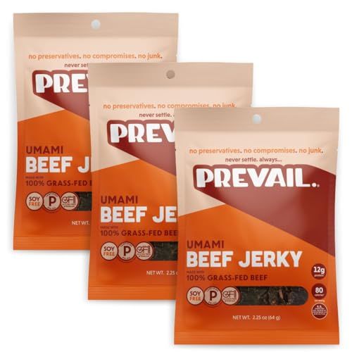 PREVAIL Umami Grass-Fed Beef Jerky | SOY FREE | 100% Grass-Fed | Gluten Free Snacks | High Protein Snacks | Free of Preservatives | No GMO&#39;s | Pack of (3) Bags | 2.25oz