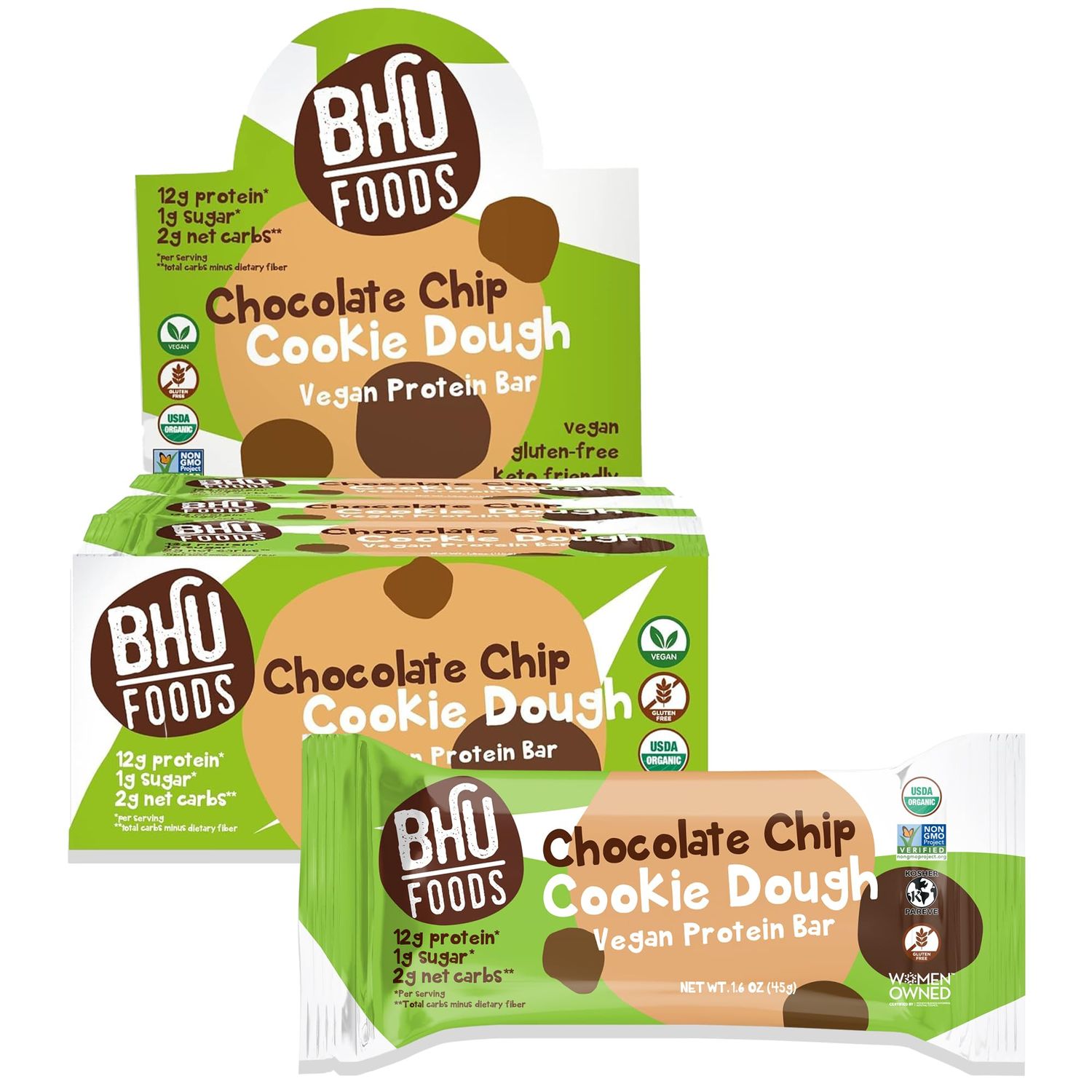 BHU FOODS Vegan Protein Bars, Chocolate Chip Cookie Dough, Organic Keto Snack - Low Carb &amp; Low Sugar, Grain &amp; Gluten Free, Dairy-free &amp; Non-GMO (12 Bars)