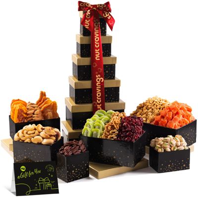 NUT CRAVINGS Gourmet Collection - Valentines Mixed Nuts Gift Basket Black Tower  Heart Ribbon (12 Assortments) Arrangement Platter, Birthday Care Package, Healthy Kosher Corporate