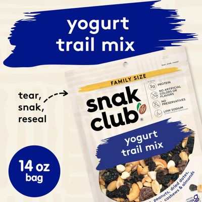 Snak Club Yogurt Trail Mix with Raisins, Peanuts, Dried Dates, Yogurt Chips, Cashews, and Almonds, Gluten-Free and Kosher Snack, 14 oz Resealable Bag