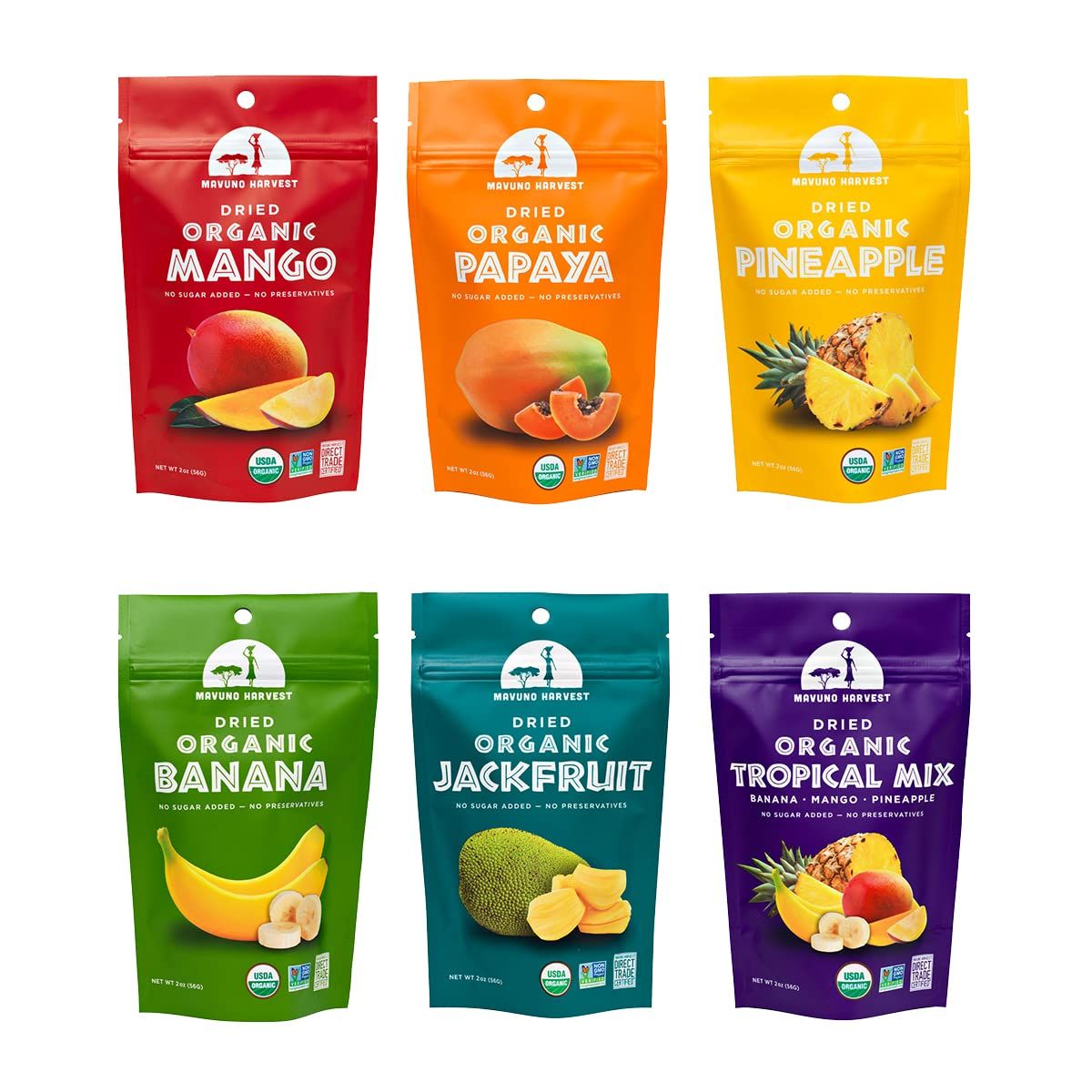 Mavuno Harvest Organic Dried Fruit Variety Pack | Dried Mango, Papaya, Pineapple, Banana, Jackfruit, &amp; Tropical Mix | Healthy, Vegan, No Sugar Added, Non GMO Snacks for Kids &amp; Adults | 2 Ounce, 6 Pack