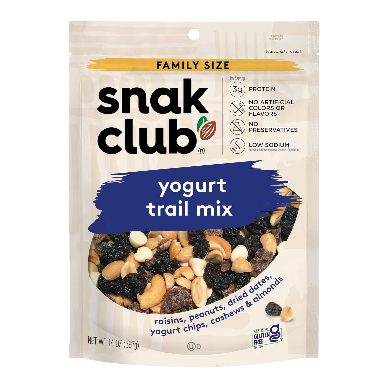 Snak Club Yogurt Trail Mix with Raisins, Peanuts, Dried Dates, Yogurt Chips, Cashews, and Almonds, Gluten-Free and Kosher Snack, 14 oz Resealable Bag
