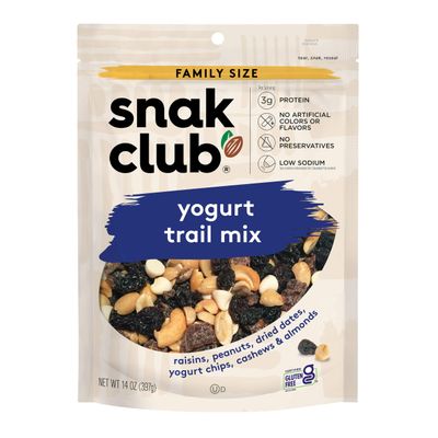 Snak Club Yogurt Trail Mix with Raisins, Peanuts, Dried Dates, Yogurt Chips, Cashews, and Almonds, Gluten-Free and Kosher Snack, 14 oz Resealable Bag