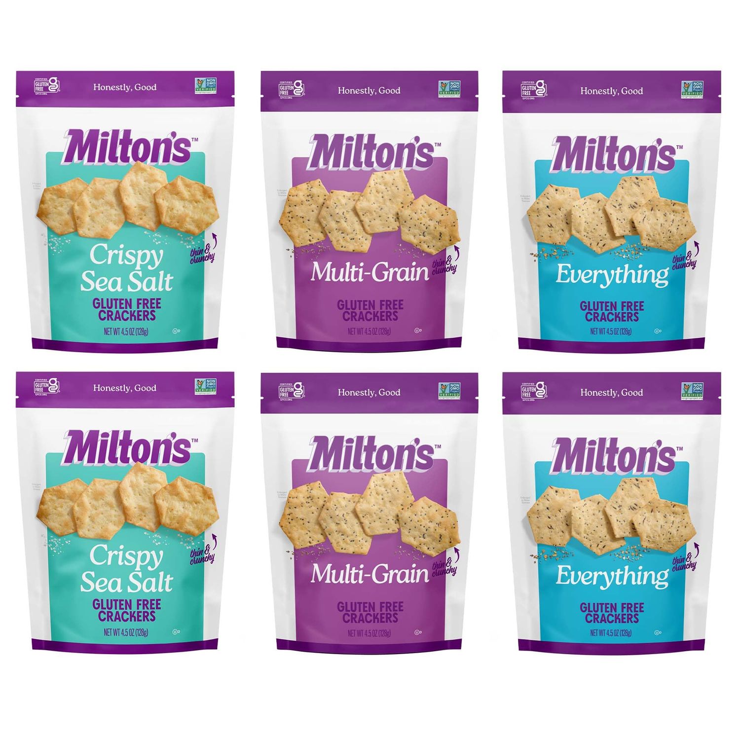Milton&#39;s Gluten Free Crackers Variety Bundle (Crispy Sea Salt, Multi-Grain, Everything) - Baked Crackers, Non-GMO Project Verified, Kosher, Whole Grain, Certified Gluten Free - 2 of Each, Pack of 6
