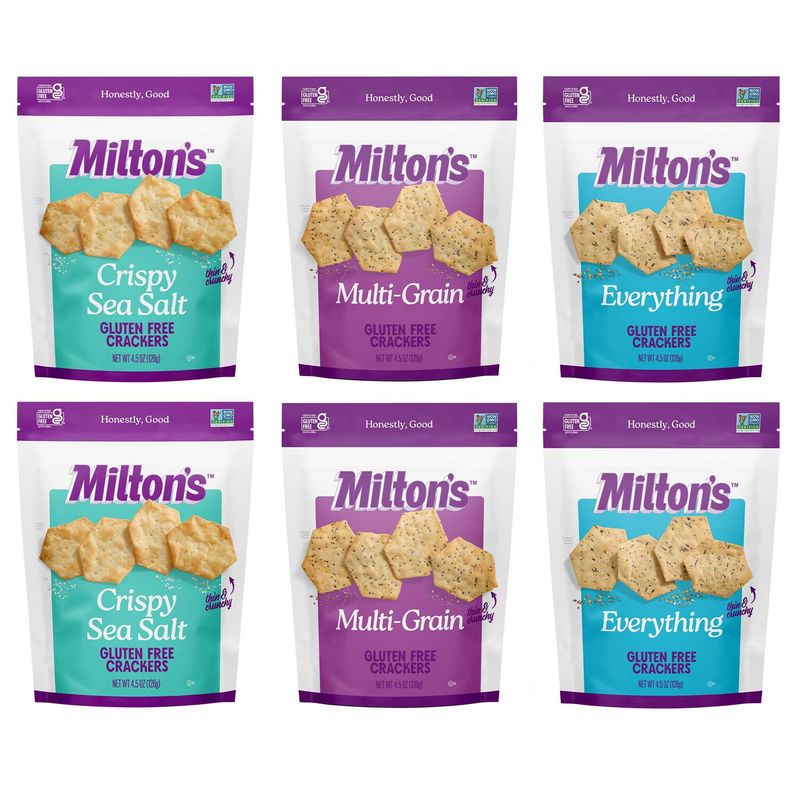 Milton's Gluten Free Crackers Variety Bundle (Crispy Sea Salt, Multi-Grain, Everything) - Baked Crackers, Non-GMO Project Verified, Kosher, Whole Grain, Certified Gluten Free - 2 of Each, Pack of 6
