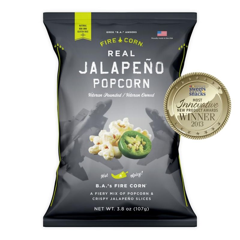 Fire Corn Popcorn Pack of 6 Real Jalapeno Popcorn Gluten Free, Spicy, Non-GMO, Healthy Snacks Founded &amp; Owned by Combat Veteran, Original Flavor, 3.8 oz Sharing Bags