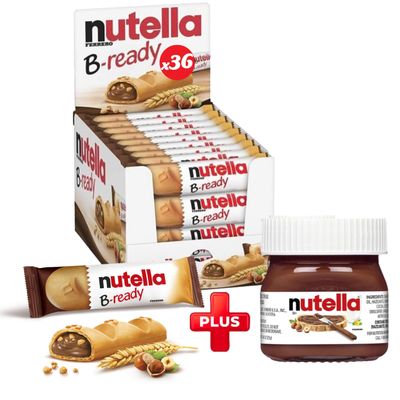B-Ready Crispy Wafer Bars - 36 Count  Bonus Mini Glass Jar (0.88 oz) - Delicious Nutella Spread with Hazelnut and Cocoa - Perfect Snack for Anytime and Anywhere - Bulk Pack