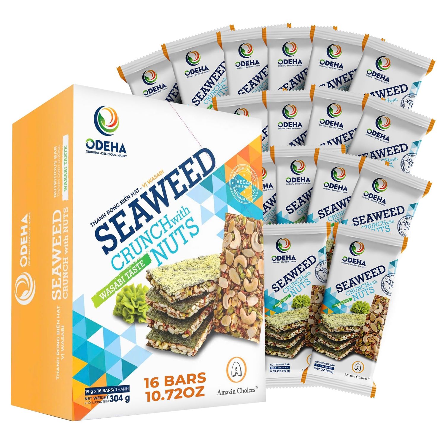 Amazin Choices Seaweed Crunch with Nuts Wasabi Taste - Delicious Seaweed Snack Bars with Cashews, Almonds &amp; Pumpkin Seeds - Daily Snack, Vegan Snack Viet Packs for Adults - 10.72oz (16 ct x 19gam)