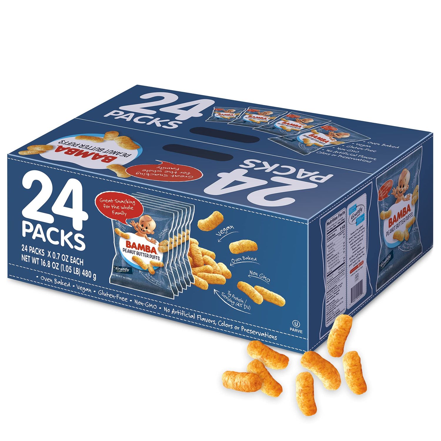 Gratify Bamba Peanut Butter Snacks for Families - All Natural Peanut Butter Corn Puffs Snacks ( 24 pack 0.7oz bags) - Made with 4 Simple Ingredients