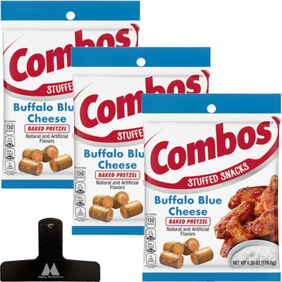 Combos Buffalo Blue Cheese Pretzels Baked Snacks - 6.3 Ounce Bags (Pack of 3) - With Mighty Merchandise Bag Clip