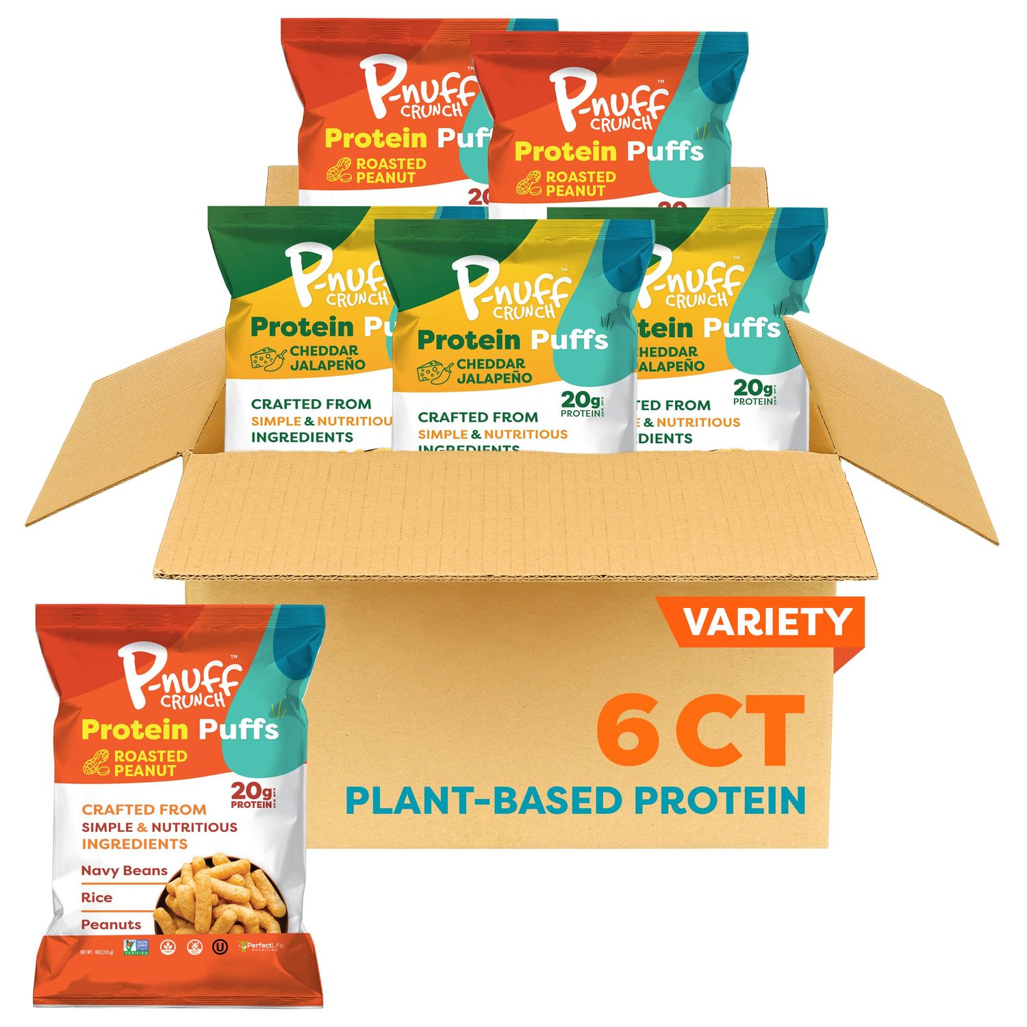 Pnuff Roasted Peanut &amp; Cheddar Jalapeno Puffs Variety Pack - Keto Protein Cheese Puffs, Healthy Snacks, High Protein Snacks for Adults, Low Calorie, 20g Protein - 4 oz (6 Individual Bags)