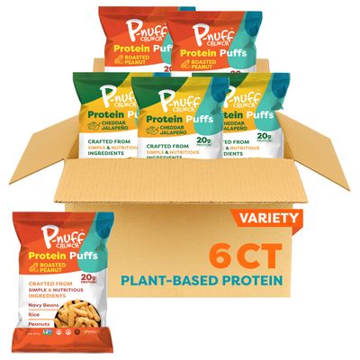 Pnuff Roasted Peanut &amp; Cheddar Jalapeno Puffs Variety Pack - Keto Protein Cheese Puffs, Healthy Snacks, High Protein Snacks for Adults, Low Calorie, 20g Protein - 4 oz (6 Individual Bags)