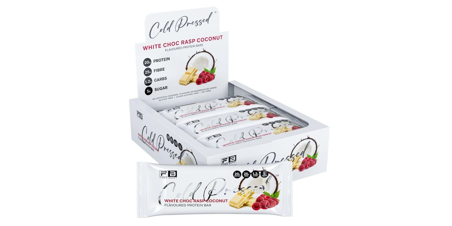 Fibre Boost Cold Pressed White Choc Raspberry Coconut flavoured Protein Bar