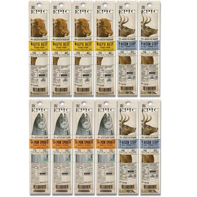 Strips Variety Snack - Wagyu Beef, Salmon &amp; Venison 0.8 Oz (12 Pack)