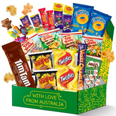 Australian Snack Gift Box (29 Units) Best Australian Candy and Food Products Packed with Aussie Candy Classics including Tim Tams, Arnotts, Twisties, Cherry Ripe and Much More