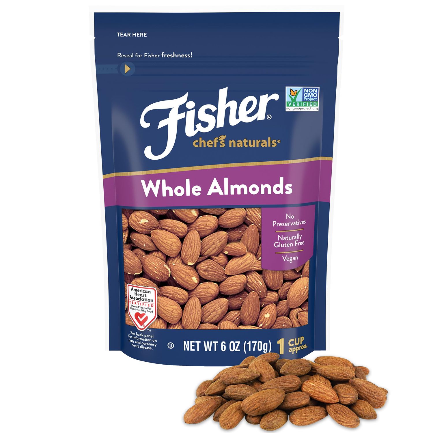 Fisher Chefs Naturals Whole Almonds, 6 oz Resealable Bag, Unsalted Raw Nuts for Baking &amp; Cooking, Heart Healthy Snack, Vegan Protein, Keto Snack, Gluten Free