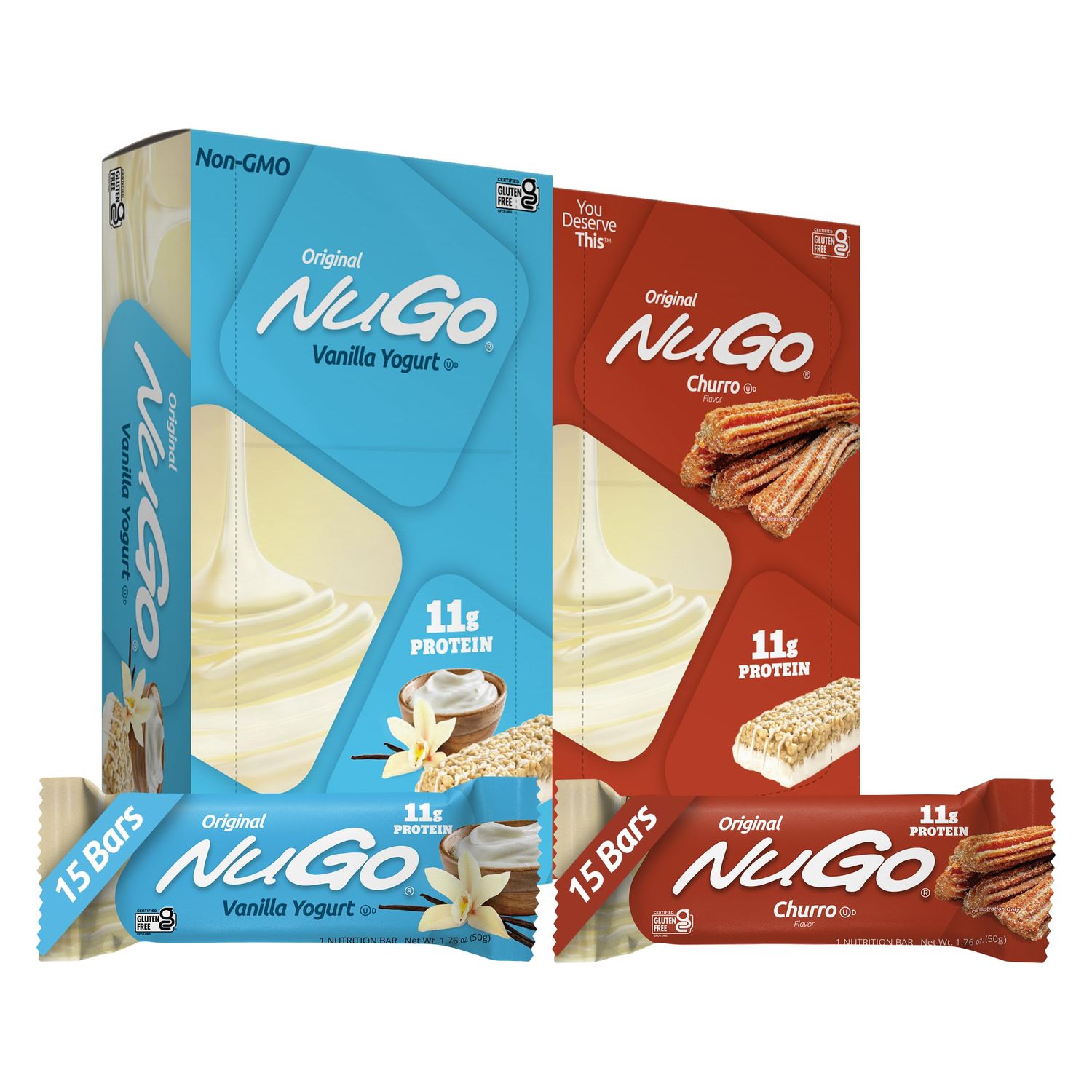 NuGo Original Variety, Vanilla Yogurt 15 bars &amp; NEW Churro 15 bars, 11g Protein, Gluten Free, 30 Count