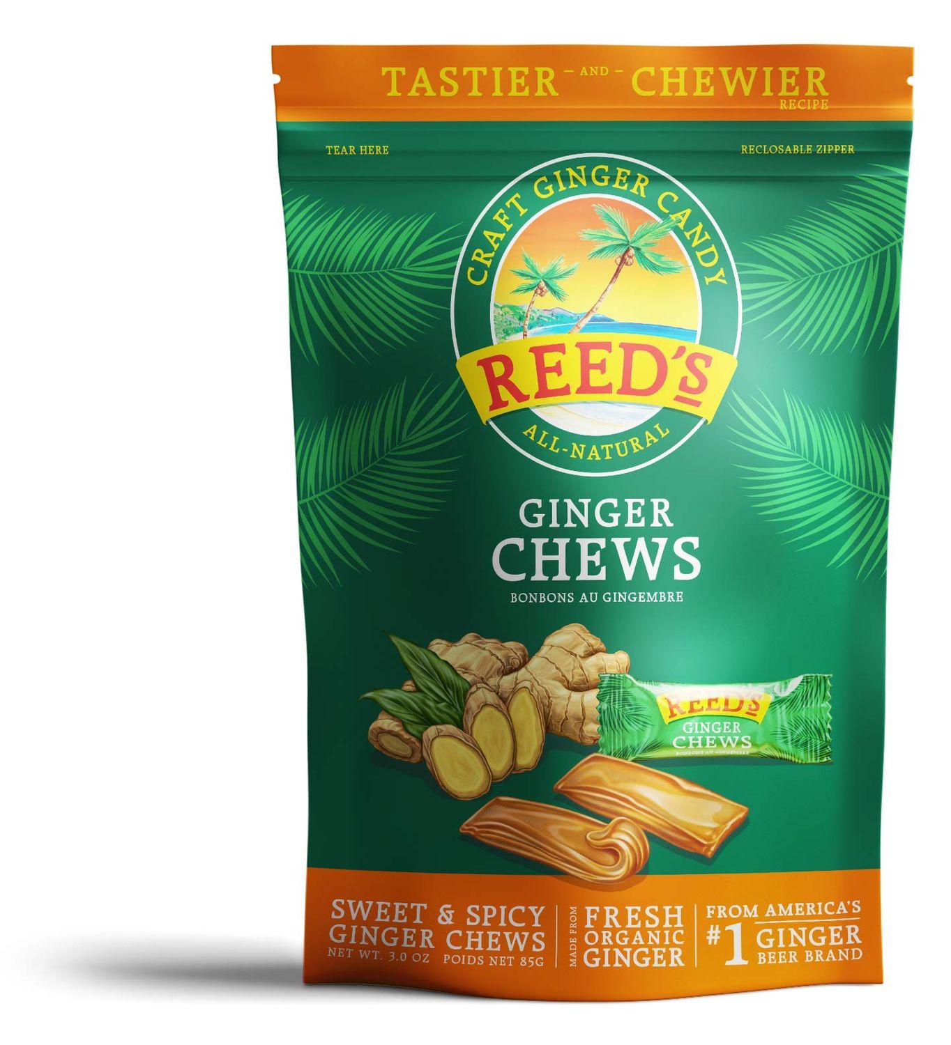 Reed&#39;s All Natural Ginger Chews Chewy Ginger Candy - Sweet &amp; Spicy Individually Wrapped Candy For Snacking, Upset Stomach &amp; Morning Sickness - Vegan Snacks (3oz Bag, Pack of 3)