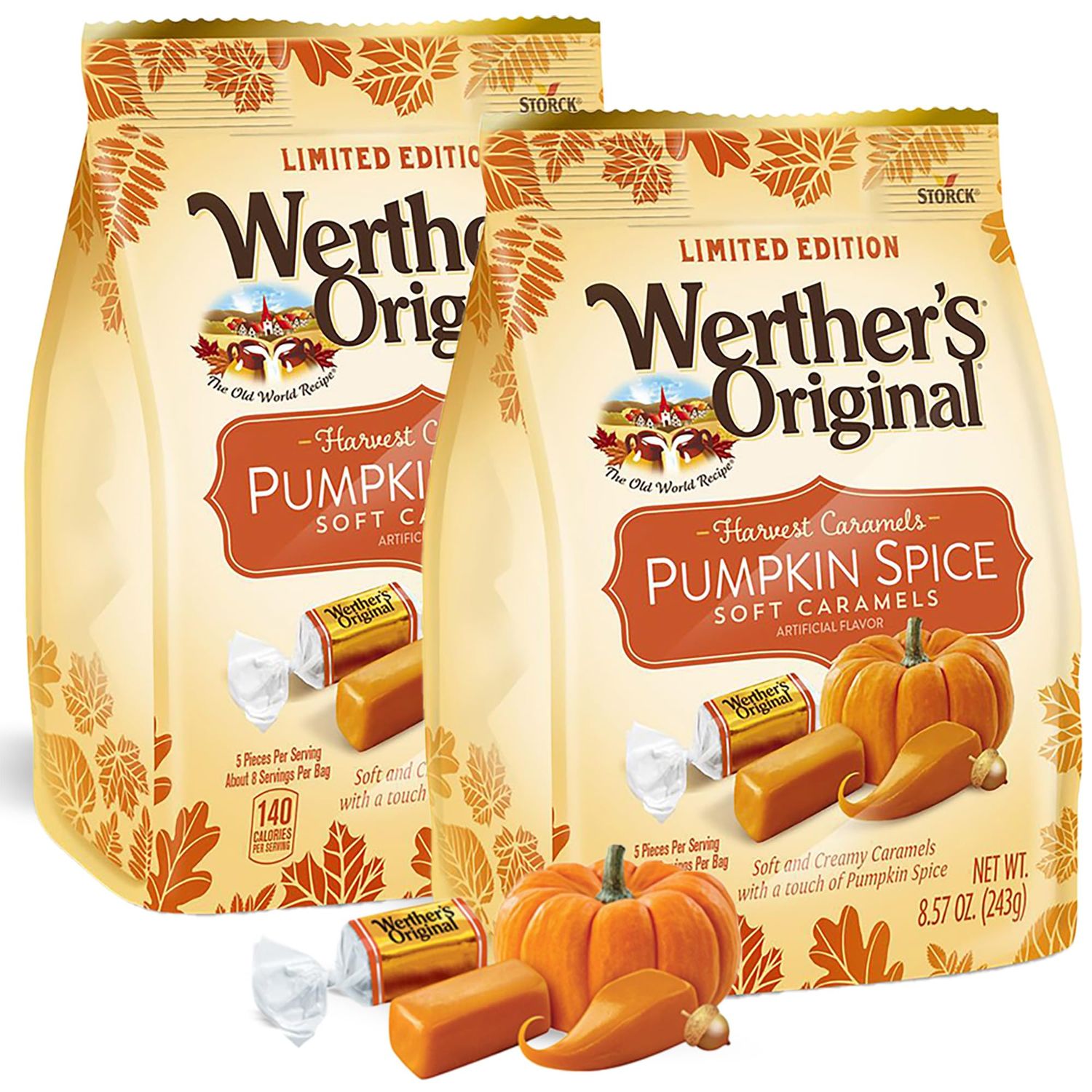 WerthersOriginal Pumpkin Spice Flavored Soft Caramels - (2 Pack) Thanksgiving Soft And Creamy Harvest Caramels For Snacks, Party Favors, and Events - 8.57oz Packs