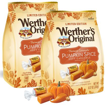 WerthersOriginal Pumpkin Spice Flavored Soft Caramels - (2 Pack) Thanksgiving Soft And Creamy Harvest Caramels For Snacks, Party Favors, and Events - 8.57oz Packs