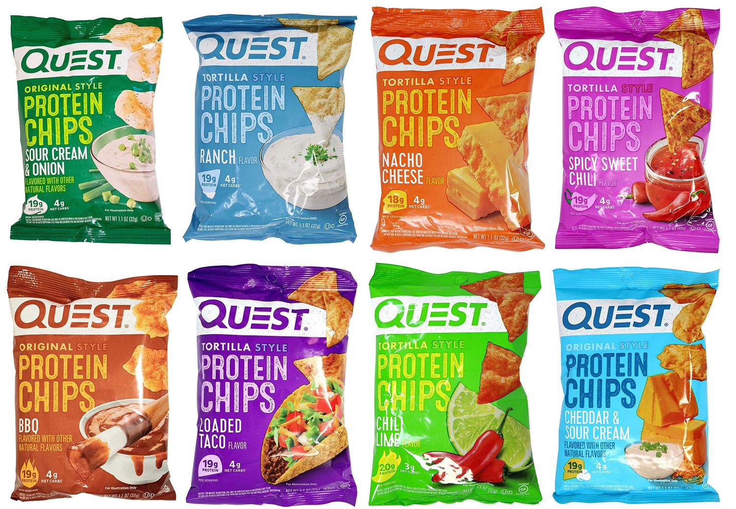 Niro Assortment | Quest Tortilla Style Protein Chips - 8 Flavors - Cheddar &amp; Sour Cream, Spicy Sweet Chili, Ranch, Loaded Taco, Chili Lime, Bbq, Sour Cream And Onion And Nacho Cheese | 8 Pack