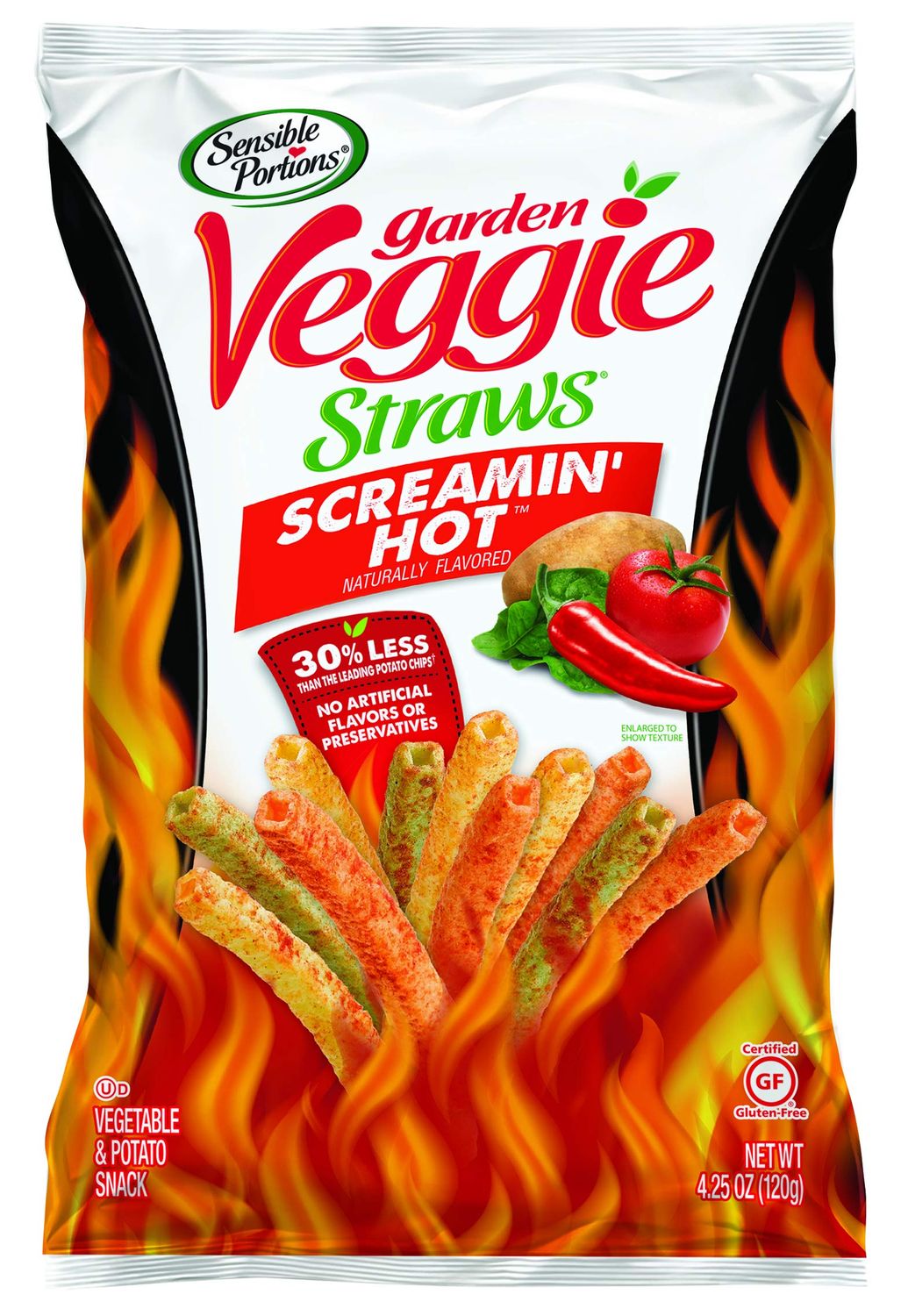 Sensible Portions Garden Veggie Straws, Screamin&#39; Hot, Gluten Free &amp; Non-GMO, 4.25 Ounce (Pack of 12)