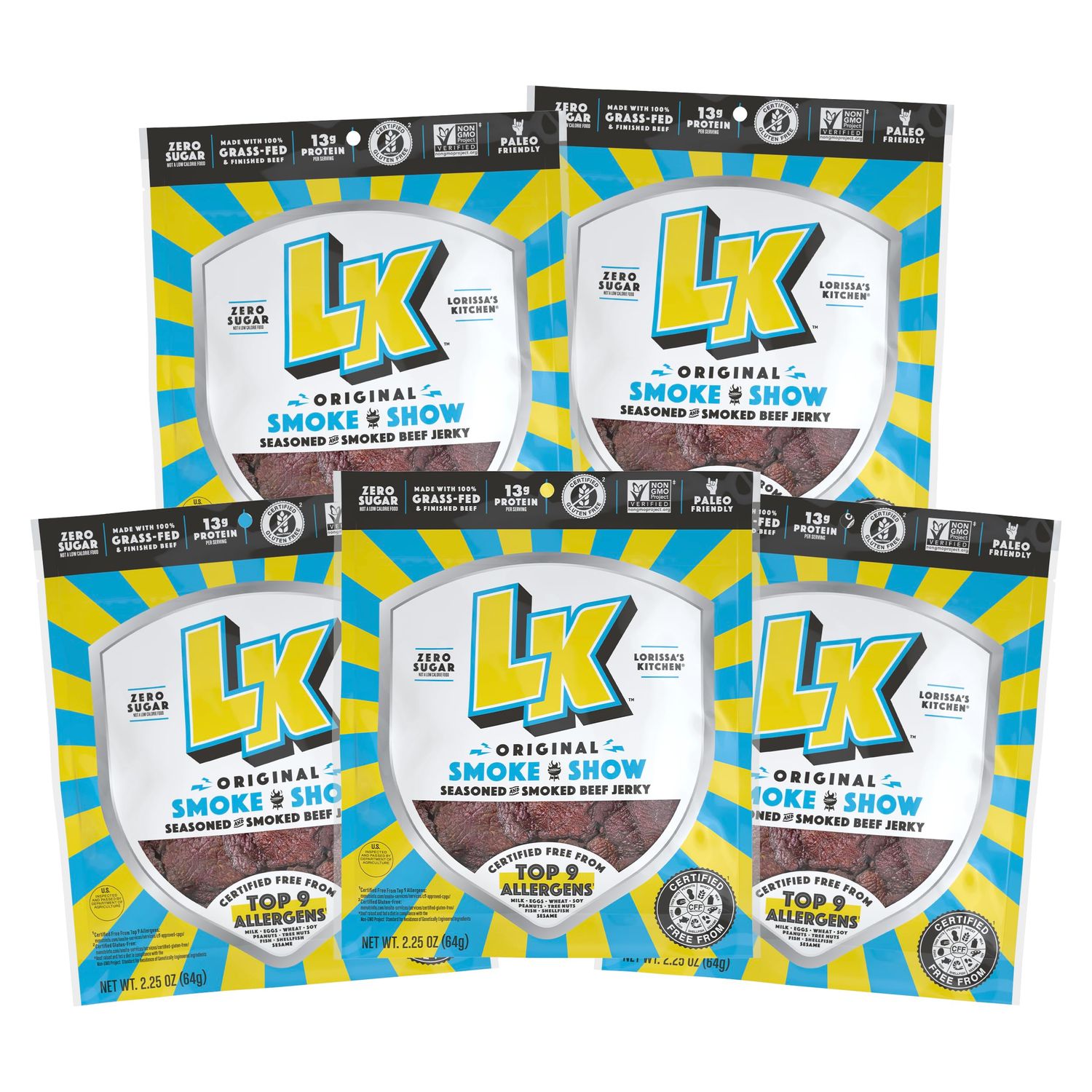 Lorissa&#39;s Kitchen Premium Grass-Fed &amp; Finished Beef Jerky Snacks 5-Pack: Original Smoked Flavor, 13g Protein, Certified Free from Top 9 Allergens, Gluten-Free, Non-GMO, Zero Sugar, Keto, Paleo