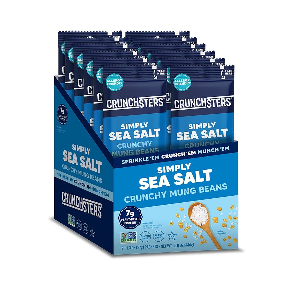 Crunchsters Sprouted Mung Beans, Plant-Based Protein Super-Snack and Salad Topper, Gluten-Free, Nut-Free, Vegan, 7g ProteinServing, 1.3oz. Bags, Sea Salt, 12-Pack