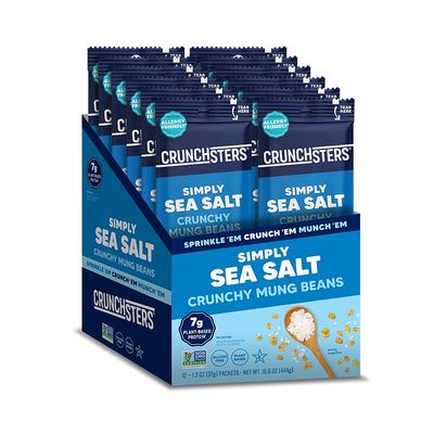 Crunchsters Sprouted Mung Beans, Plant-Based Protein Super-Snack and Salad Topper, Gluten-Free, Nut-Free, Vegan, 7g ProteinServing, 1.3oz. Bags, Sea Salt, 12-Pack