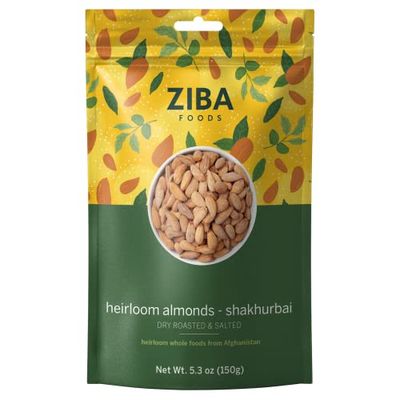 Ziba Foods Heirloom Shakhurbai Almonds | Dry Roasted &amp; Salted | Non-GMO, Vegan, Gluten Free Snack, Nuts | Heirloom, Warm &amp; Nutty | Healthy, Delicious Snack, 5.3 oz