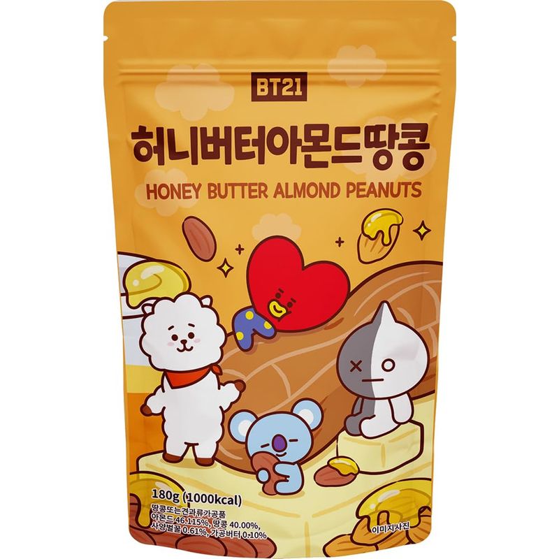 BT21 Almonds Natural Raw Snack Nuts Resealable Bag, Honey Butter Almond Peanuts flavor, 6.34 Ounce (Pack of 1)