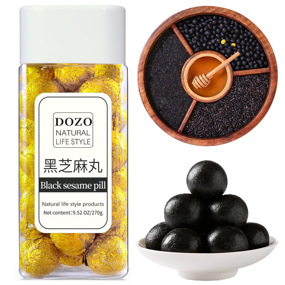 DOZO Black Sesame Ball Halloween Sweet Handmade Black Sesame Pills (30 pills) Pure Honey Sesame Balls Black Sesame Black Rice Black Beans Natural Grain Snacks 9.5oz270g é»‘èŠéº»ä¸¸ æ‰‹å·¥èŠéº»ä¸¸