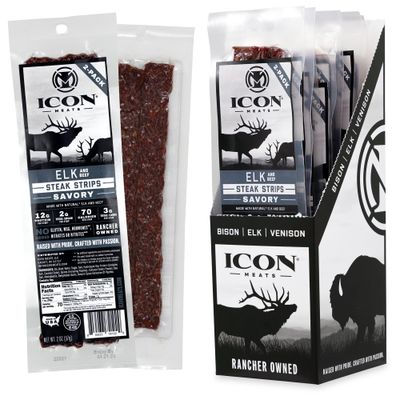 ICON Meats Elk and Beef Jerky Steak Strips - Savory Flavor - 8 Packs Per Box, 2 Strips Per Pack, USDA Approved, All Natural Meat Sticks, Diet Friendly, High Protein, Low Calorie, Low Sugar