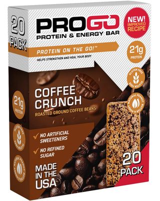 ProGo Protein Bars, Coffee Crunch - High Protein Low Carb Snack, 21g Protein, Low Sugar, Collagen-Powered - Real Peanut Butter Energy Bars w Roasted Ground Coffee Beans - Made in USA (20-Count)