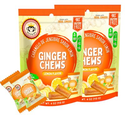 Meekus Ginger Chews - Natural Ginger Candy Chews for a Delightful Taste Sensation, Real Natural Ginger, No Artificial Flavors - Invigorating Snack for All Ages, Lemon Flavor 4oz Bag (Pack of 2)