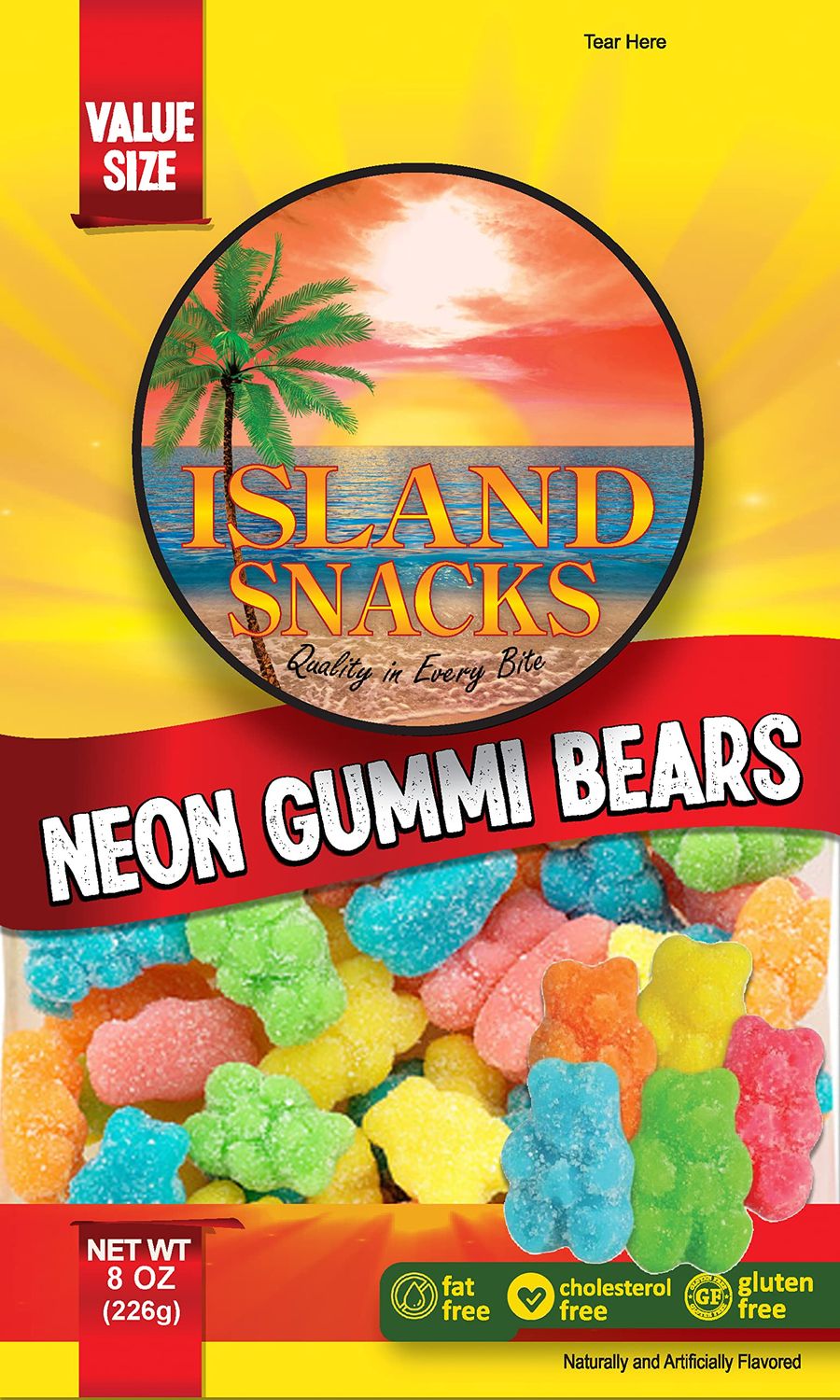 Island Snacks Neon Gummy Bears, 8 Ounce, 6 Count