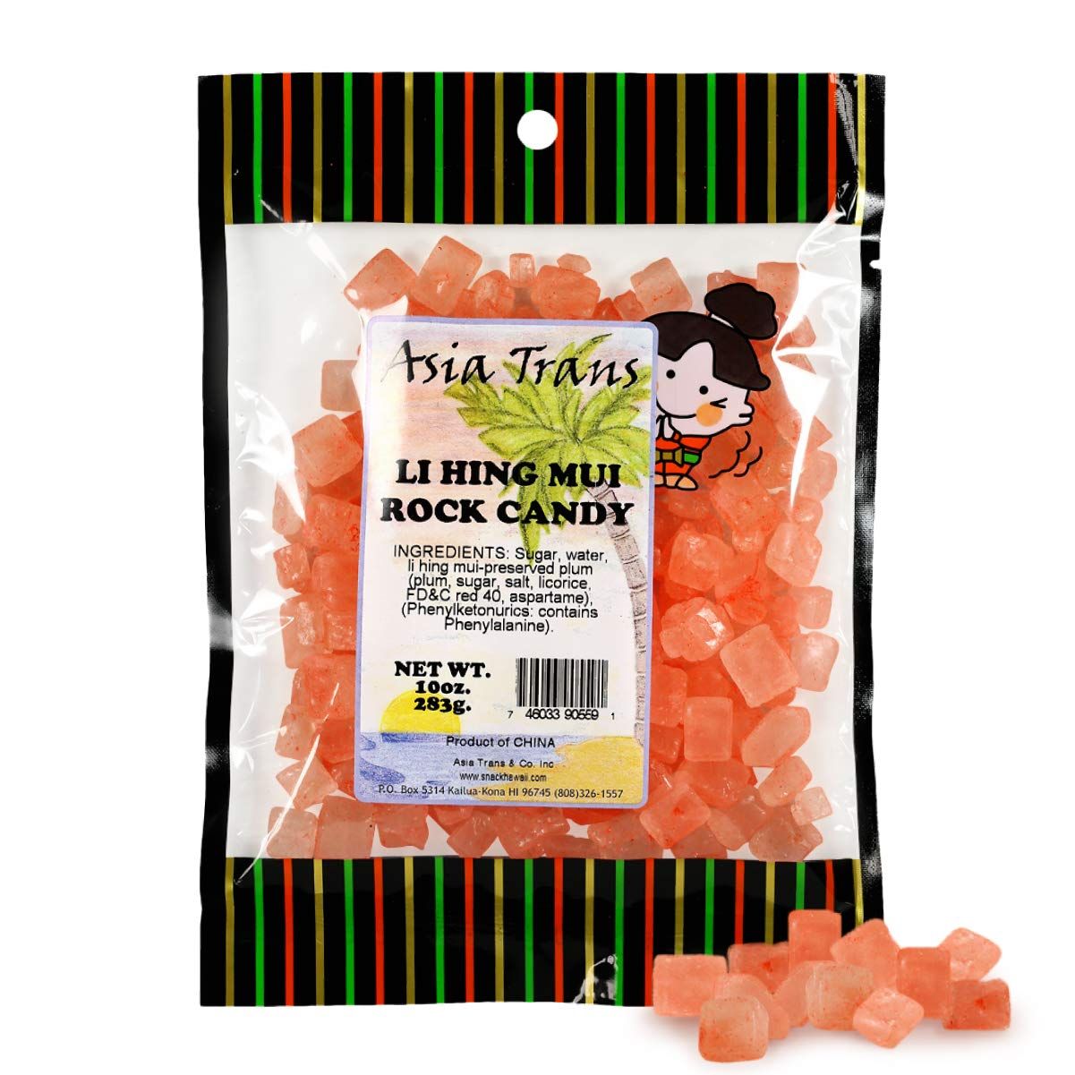 Asia Trans &amp; Co. Li Hing Mui Rock Candy - Sweet Hawaiian Treats, Flavored with Asian Plum Powder - Authentic Island Flavors for Sugar Cravings - Pink-Colored Buffet, Party, Movie Snacks - 10oz. Bag