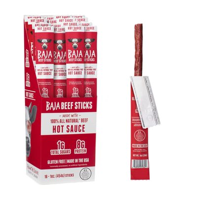 Baja Beef Sticks - Jerky Meat Sticks, Healthy Meat Snacks for Adults, High Protein, Individually Wrapped, 100% All Natural Beef, Gluten Free, Made in the USA - Hot Sauce, 1 Oz (Pack of 16)