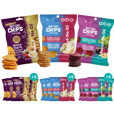 Baked Veggie Variety Snack Pack by GOOD CHIPS: Organic Beets and Yacon, Cauliflower with Aged Cheese, and Andean Criolla Potatoes Spice Mix. Oil Free, 0.7 oz bags, Pack of 12