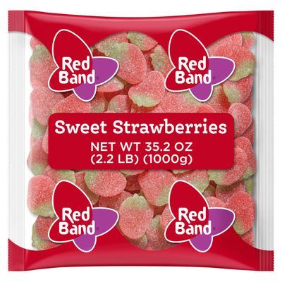 Red Band Sweet Strawberry Gummy Candies - Soft Strawberry Flavor Fruit Gummies, Fruit Shaped Candy, Sugar Coated Strawberries, Dutch Candy &amp; Snacks, Family Size Candy Bulk - 2.2 lbs Bag