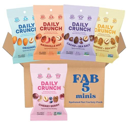 Daily Crunch Sprouted Almonds, 1.5 Ounce Mini, On-The-Go Bags (Variety Pack, 5 Pack) Contains: Original Sprouted, Cherry Berry, Golden Goodness, Cacao and Sea Salt, Coffee Coconut