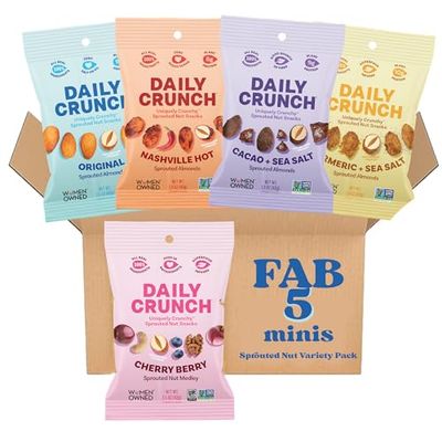 Daily Crunch Sprouted Almonds, 1.5 Ounce Mini, On-The-Go Bags (Variety Pack, 5 Pack) Contains: Original Sprouted, Cherry Berry, Golden Goodness, Cacao and Sea Salt, Coffee Coconut