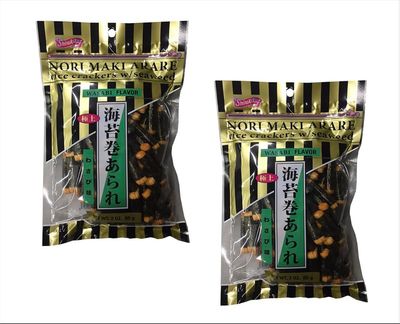 Shirakiku Nori Maki Arare Rice Crackers with Seaweed Wasabi Flavor 3 oz per Pack (2 Pack)
