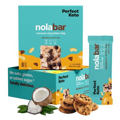 Perfect Keto Nola Bars, Gluten Free, Keto Granola Bars, Low Carb Snack or Breakfast Bar with No Sugar Added, Keto Diet Food, Healthy Snacks for Adults, 2g Net Carb, Coconut Chocolate Chip, 8 Pack