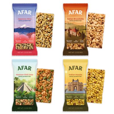 Afar Savory Protein Bars - Low Sugar, High Protein - Healthy Snack for Adults - Meal Replacement Bar - Rice Crispy Texture - Vegan, Gluten Free (8 Bars, Variety Pack)