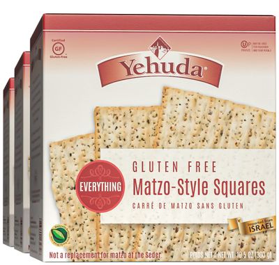 Yehuda Gluten Free Everything Matzo Squares (3 Pack) Thin, Crisp &amp; Airy Matzo Style Gluten Free Crackers with Everything Seasoning | Certified Kosher (Including Passover) |